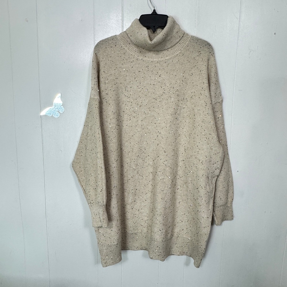 Molly Bracken Womens XL Golden Beige Sequin Turtleneck Tunic Sweater Dress New